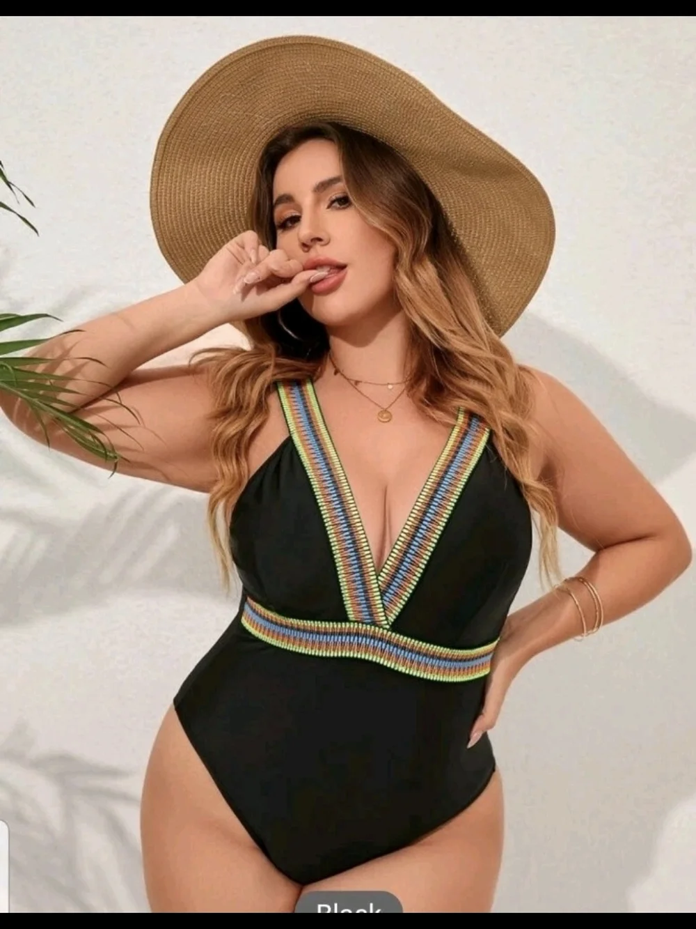 Shein Curve Black One-Piece Swimsuit with Colorful Striped Trim - Picture 5 of 11